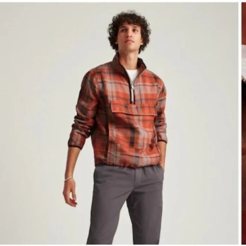 Bonobos Men's  Plaid Rust‎ Color Long Sleeve 100% Linen Anorak Size Small NEW